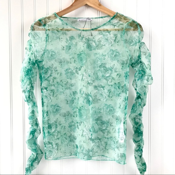 NEW Zara | Tulle Sheer Green Floral Top | Small - Picture 2 of 8